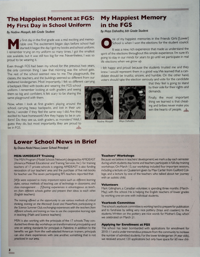 The Friends Schools Newsletter in Ramallah in 2010