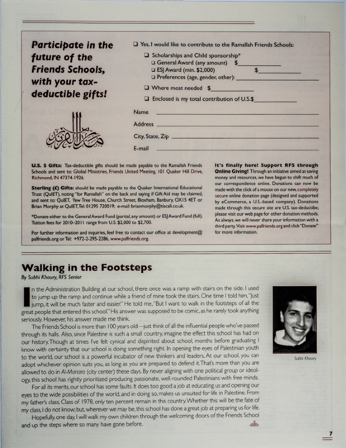 The Friends Schools Newsletter in Ramallah in 2011