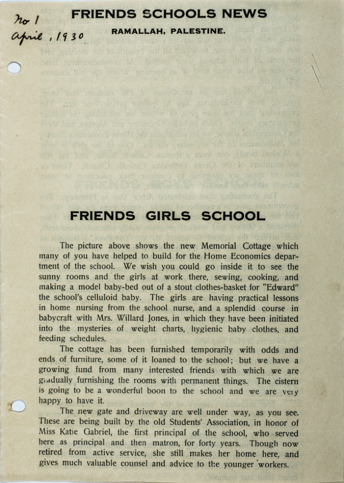 The Friends Schools Newsletter in Ramallah in 1930