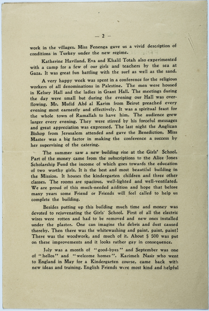 The Friends Schools Newsletter in Ramallah in1934