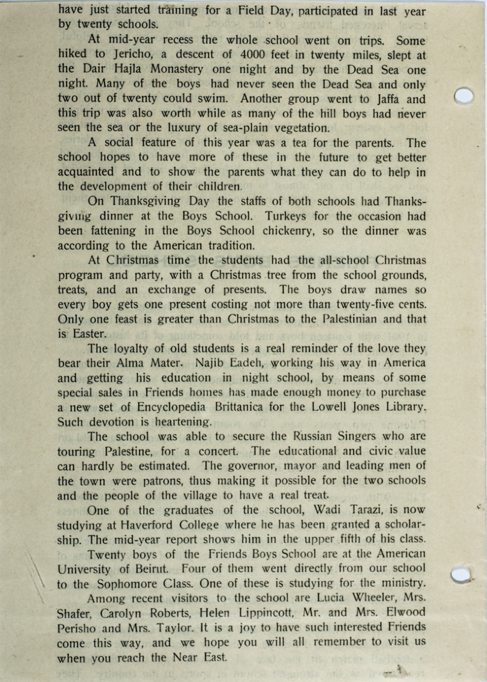 The Friends Schools Newsletter in Ramallah in 1930