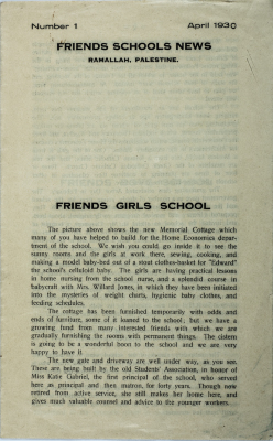 The Friends Schools Newsletter in Ramallah in 1930