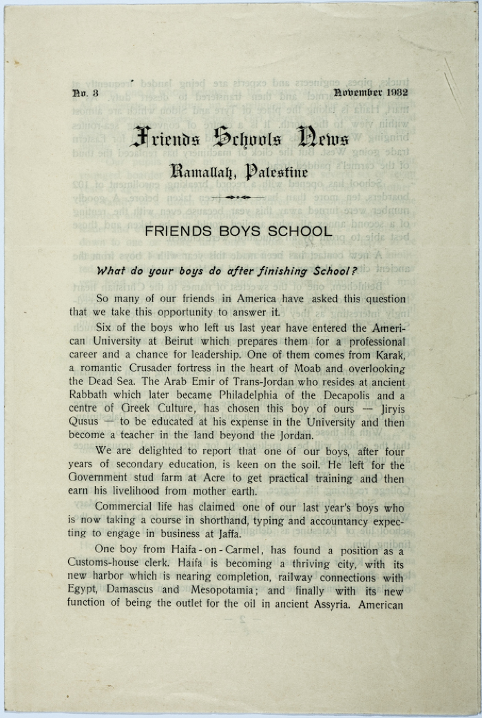 The Friends Schools Newsletter in Ramallah in 1932