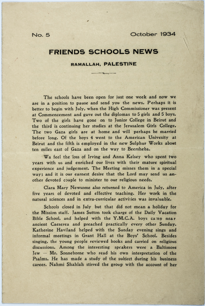 The Friends Schools Newsletter in Ramallah in1934