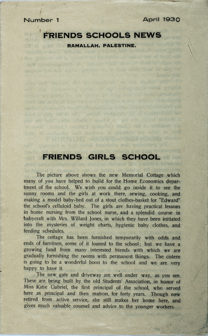 The Friends Schools Newsletter in Ramallah in 1930
