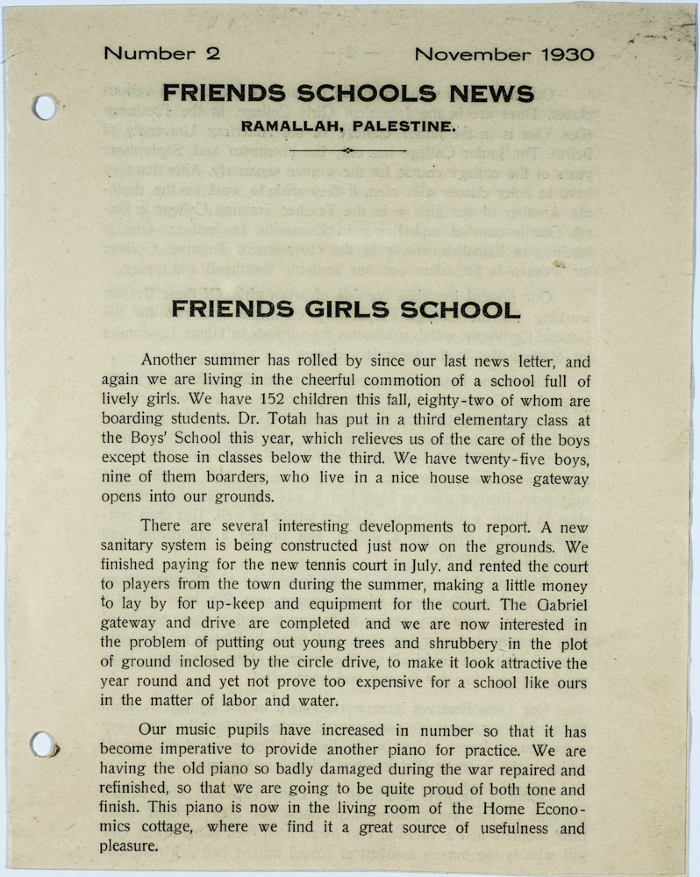 The Friends Schools Newsletter in Ramallah in 1930