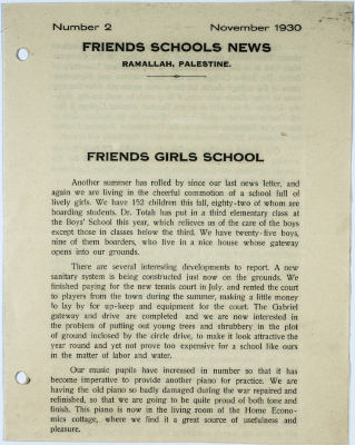 The Friends Schools Newsletter in Ramallah in 1930