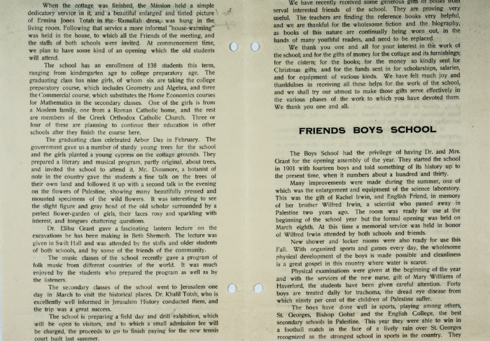 The Friends Schools Newsletter in Ramallah in 1930