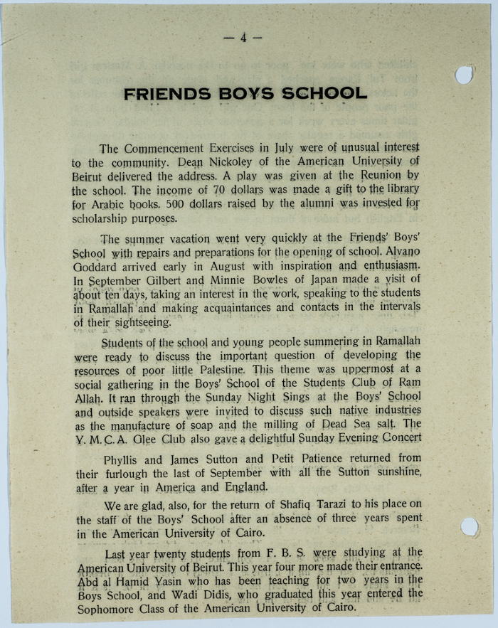 The Friends Schools Newsletter in Ramallah in 1930