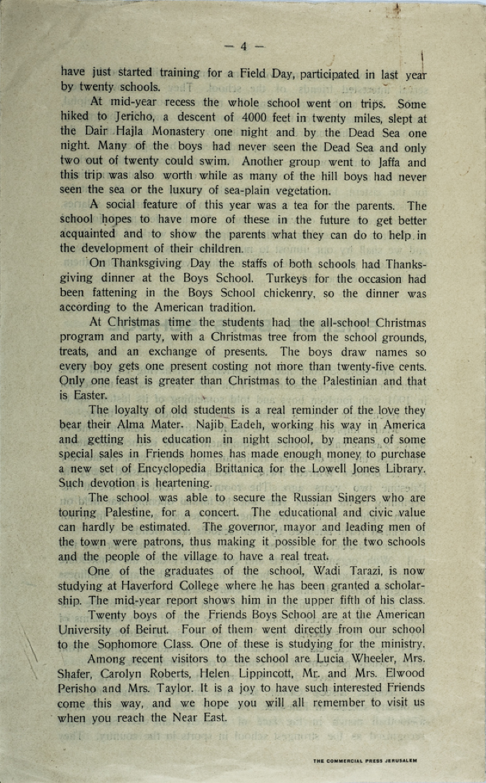 The Friends Schools Newsletter in Ramallah in 1930