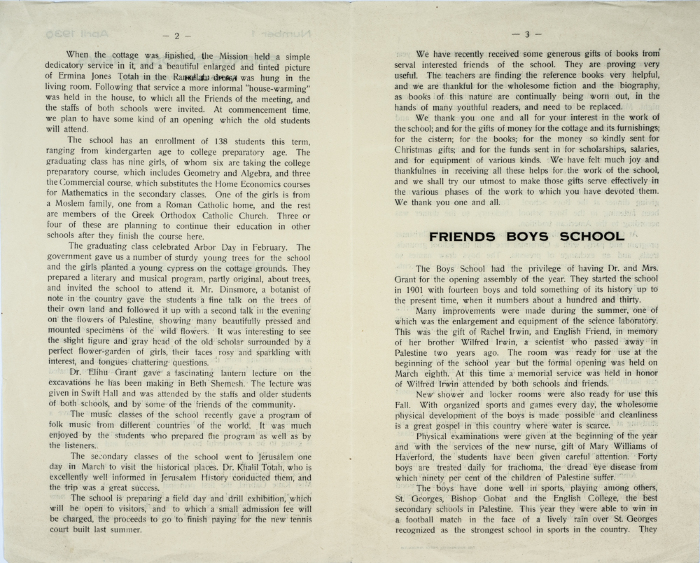 The Friends Schools Newsletter in Ramallah in 1930