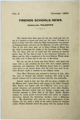 The Friends Schools Newsletter in Ramallah in1934