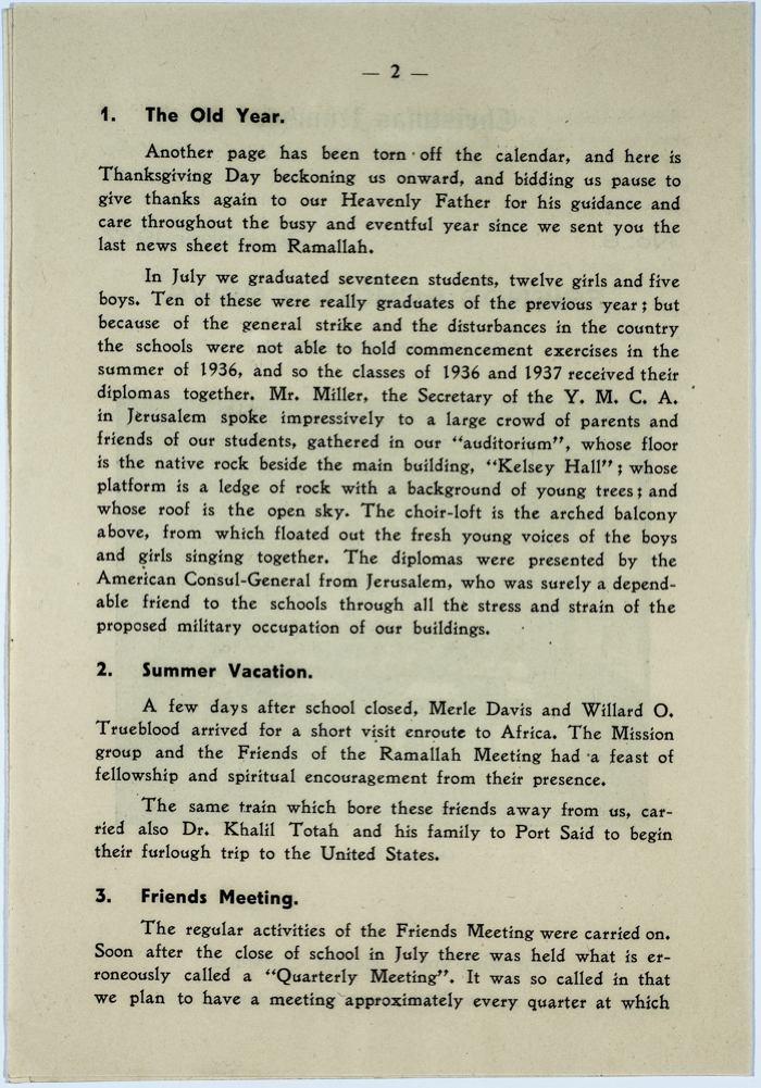 The Friends Schools Newsletter in Ramallah in 1937
