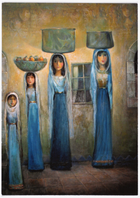 A postcard showing a painting by the Palestinian artist Ibrahim Hazeema