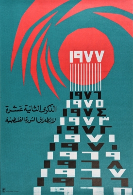 "الذكرى الثانية عشر لانطلاق الثورة الفلسطينية"، صادر عن م.ت.ف، 1977