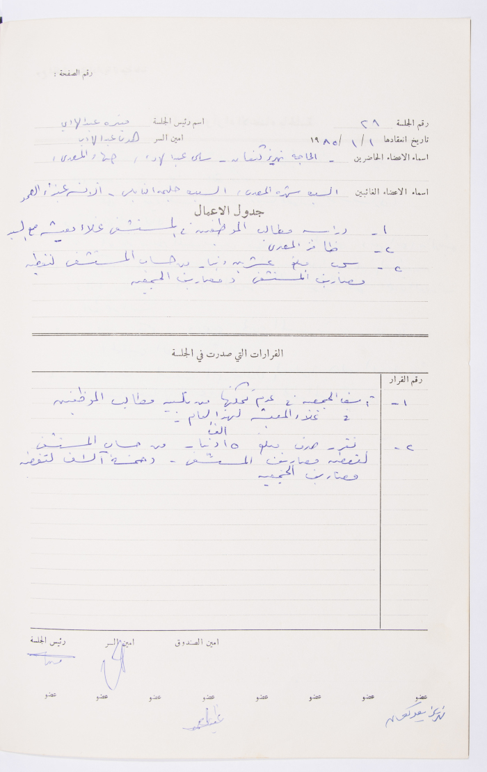 Minutes of the Meeting of the Administrative Body of the Arab Women Union Society, Nablus, 1985