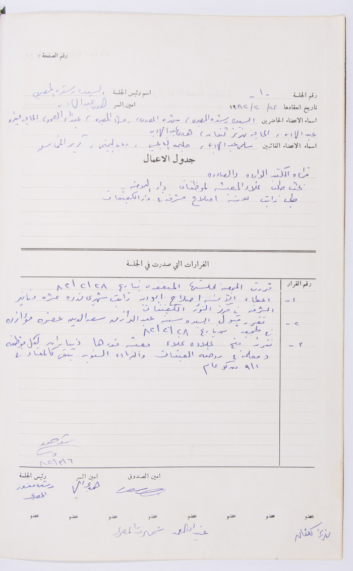 Minutes of the Meeting of the Administrative Body of the Arab Women Union Society, Nablus, 1982
