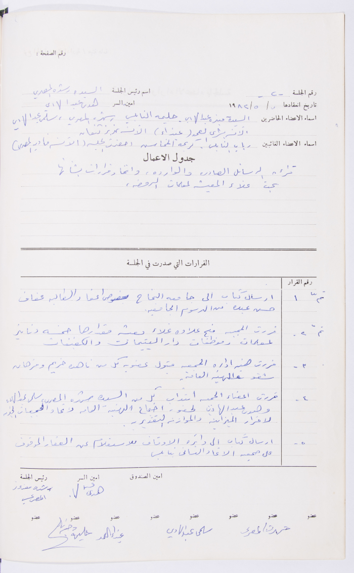 Minutes of the Meeting of the Administrative Body of the Arab Women Union Society, Nablus, 1982