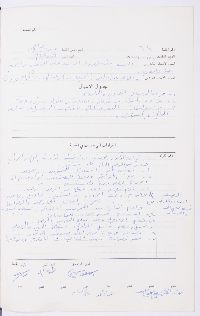 Minutes of the Meeting of the Administrative Body of the Arab Women Union Society, Nablus, 1987