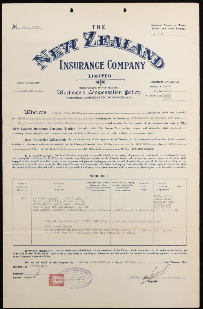 An insurance policy issued by  New Zealand Insurance Company Ltd. to the insured Khalil Dawood