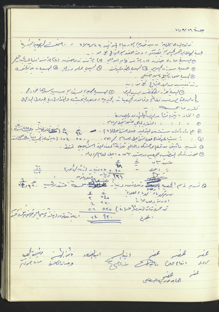 محضر جلسة من جلسات الهيئة الإدارية لجمعية الهلال الاحمر الاردن / طولكرم  لعام 1971