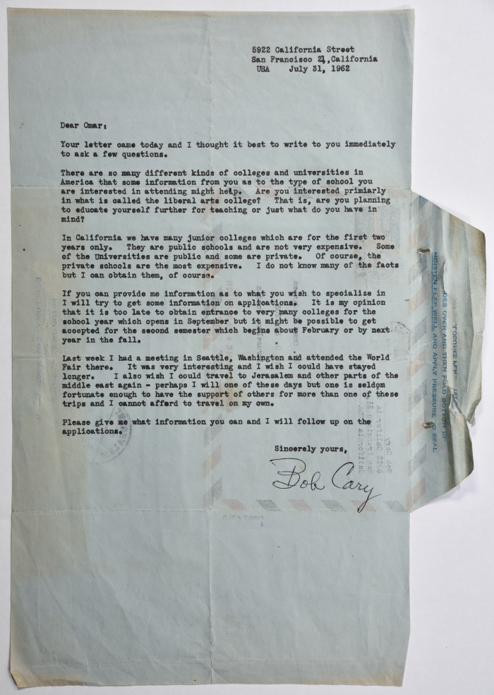رسالة من بوب كاري لعمر القاسم، سان فرانسيسكو، 31 تموز 1962
