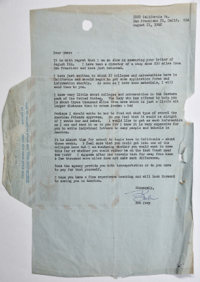 A Letter in English from Bob Cary to Omar al-Qasim, San Fransisco, 21 August 1962