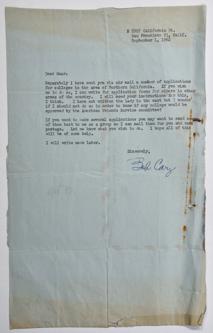 A Letter in English from Bob Cary to Omar al-Qasim, San Fransisco, 1 September 1962