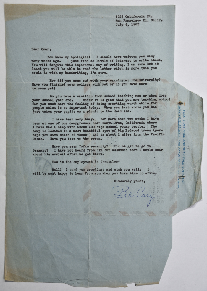 A Letter in English from Bob Cary to Omar al-Qasim, San Fransisco, 4 July 1962