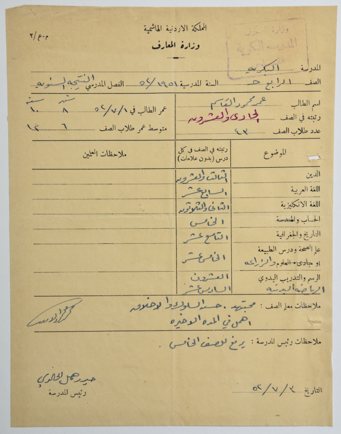 A Yearly School Report Card for Omar al-Qasim in the 4th Grade, Jerusalem, 3 July 1952
