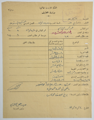A Yearly School Report Card for Omar al-Qasim in the 4th Grade, Jerusalem, 3 July 1952