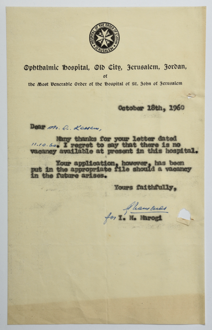 A Rejection Letter from the Hospital of the Order of St. John to Omar al-Qasim, Jerusalem, 1960