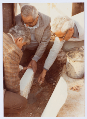 Members of the Board of Directors of Qalandiya Camp Women Handicraft Cooperative Society participating in the construction of a new building for the association in 1981