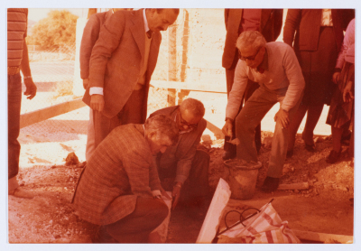 Members of the Board of Directors of Qalandiya Camp Women Handicraft Cooperative Society participating in the construction of a new building for the association in 1981