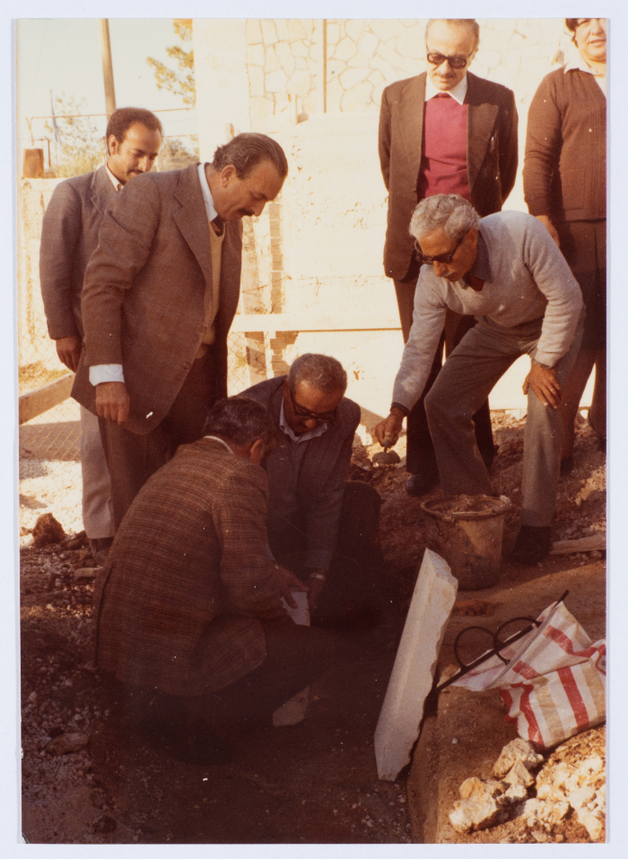 Members of the Board of Directors of Qalandiya Camp Women Handicraft Cooperative Society participating in the construction of a new building for the association in 1981