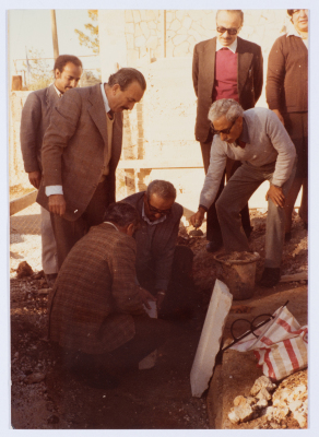 Members of the Board of Directors of Qalandiya Camp Women Handicraft Cooperative Society participating in the construction of a new building for the association in 1981