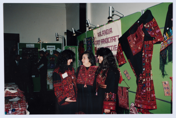 Qalandiya Camp Women Handicraft Cooperative Society participates in an exhibition of Palestinian embroidery in Britain in 1993
