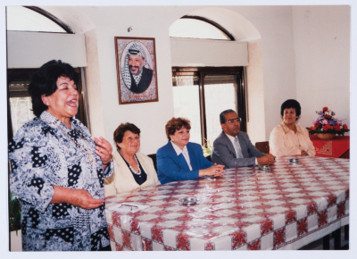 Mrs. Intisar al-Wazir "Um Jihad" on a visit to the Qalandiya Camp Women Handicraft Cooperative Society HQ in 1996
