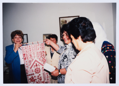 Mrs. Intisar al-Wazir "Um Jihad" on a visit to the Qalandiya Camp Women Handicraft Cooperative Society HQ in 1996