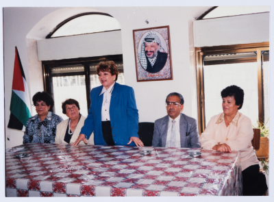 Mrs. Intiṣar al-Wazir "Um Jihad" on a visit to the Qalandiya Camp Women Handicraft Cooperative Society HQ in 1996
