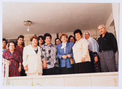Mrs. Intiṣar al-Wazir "Um Jihad" on a visit to the Qalandiya Camp Women Handicraft Cooperative Society HQ in 1996