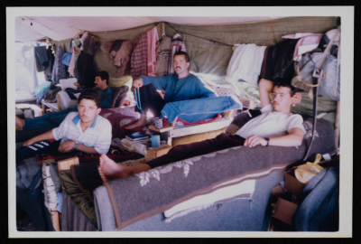 Palestinian prisoners in a prison-tent