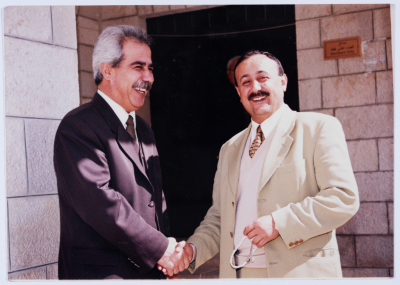 Marwan al-Barghuthy and Jamal al-Shati in front of the Legislative Council Building