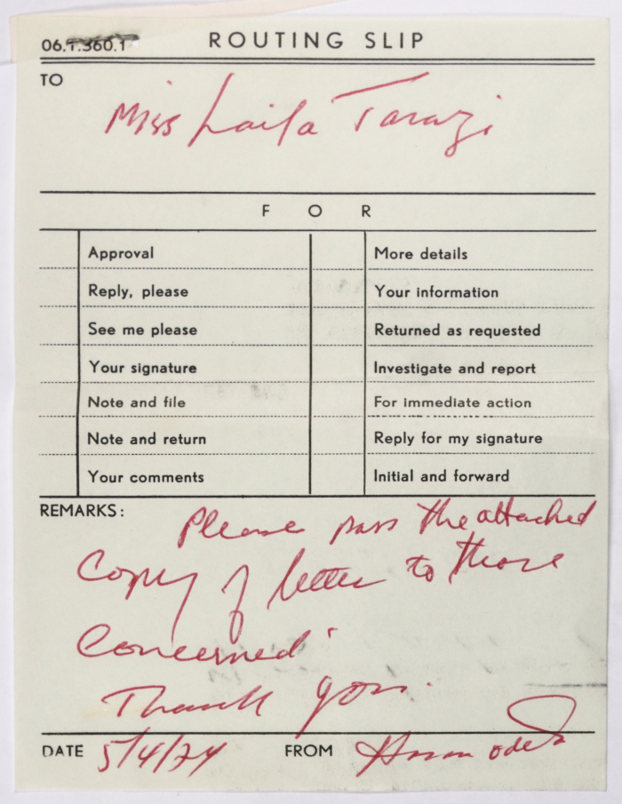 An internal memorandum from the Director of Operations of the United Nations Relief and Works Agency (UNRWA) to Laila Terzi