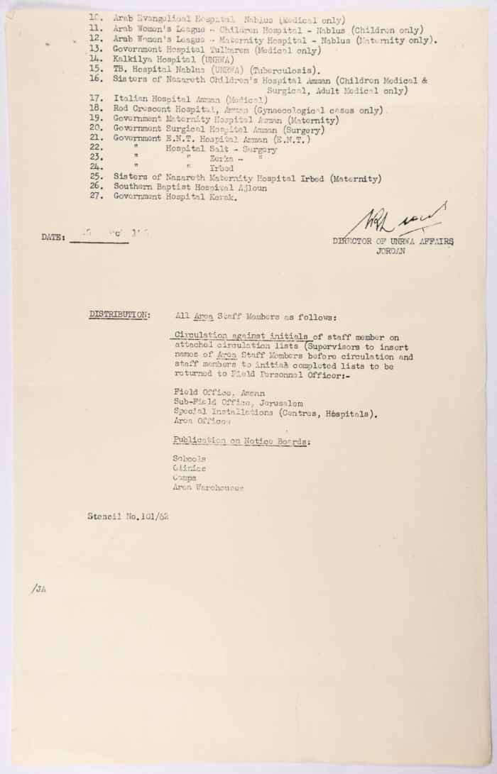 Circulation on the medical care for the staff of the United Nations Relief and Works Agency for the Palestinian refugees and their families