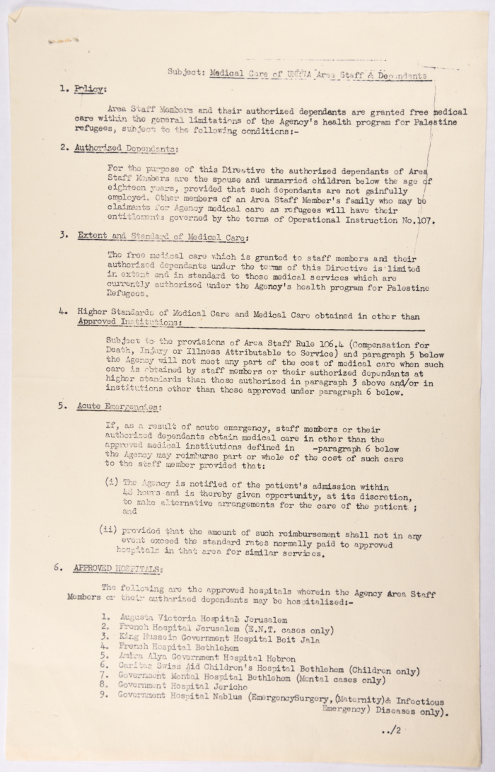 Circulation on the medical care for the staff of the United Nations Relief and Works Agency for the Palestinian refugees and their families