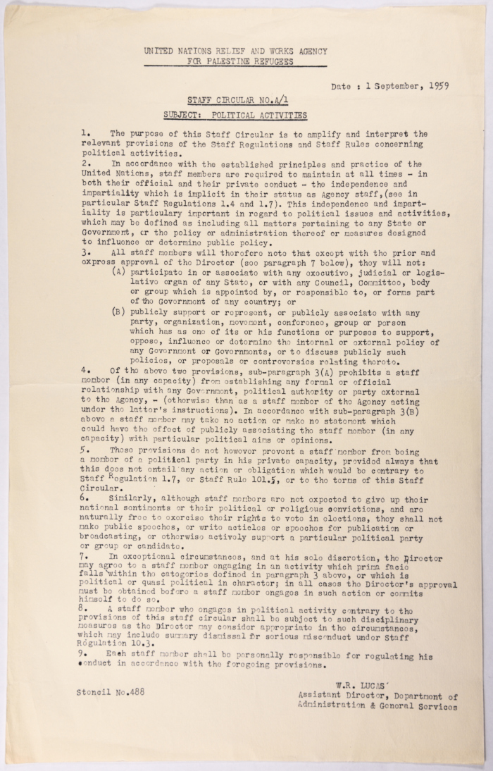 A letter from the United Nations Relief and Works Agency on the limitations of the political activity of its workers