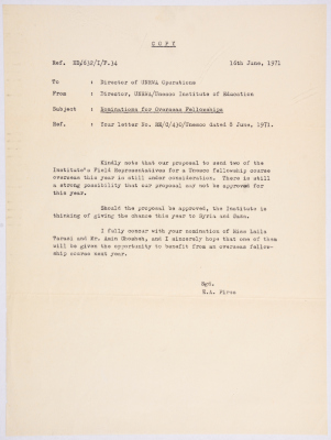 A letter from the Education Department of the United Nations Relief and Works Agency for Palestinian Refugees (UNRWA) regarding a UNESCO training scholarship