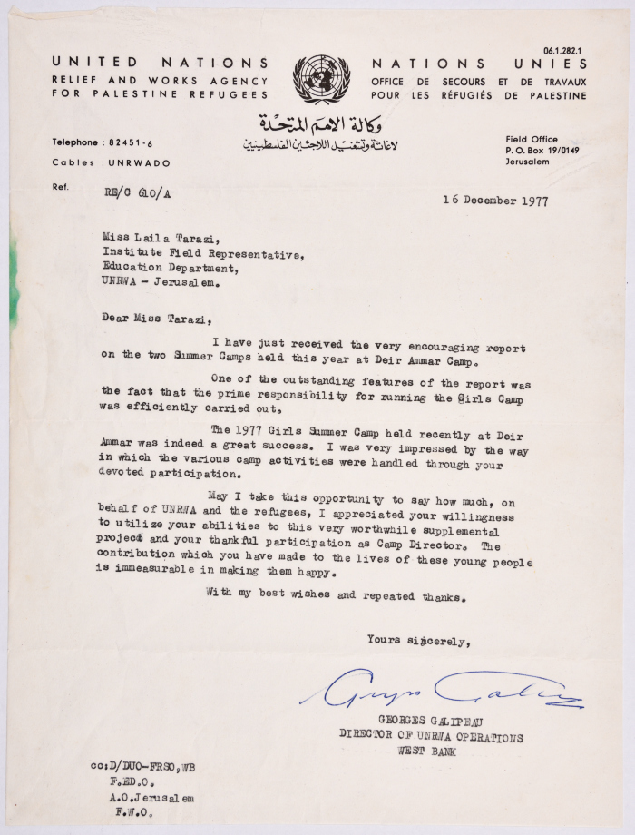 A letter from the Director of the Operations Department of the United Nations Relief and Works Agency for Palestinian Refugees (UNRWA) to Laila Terzi