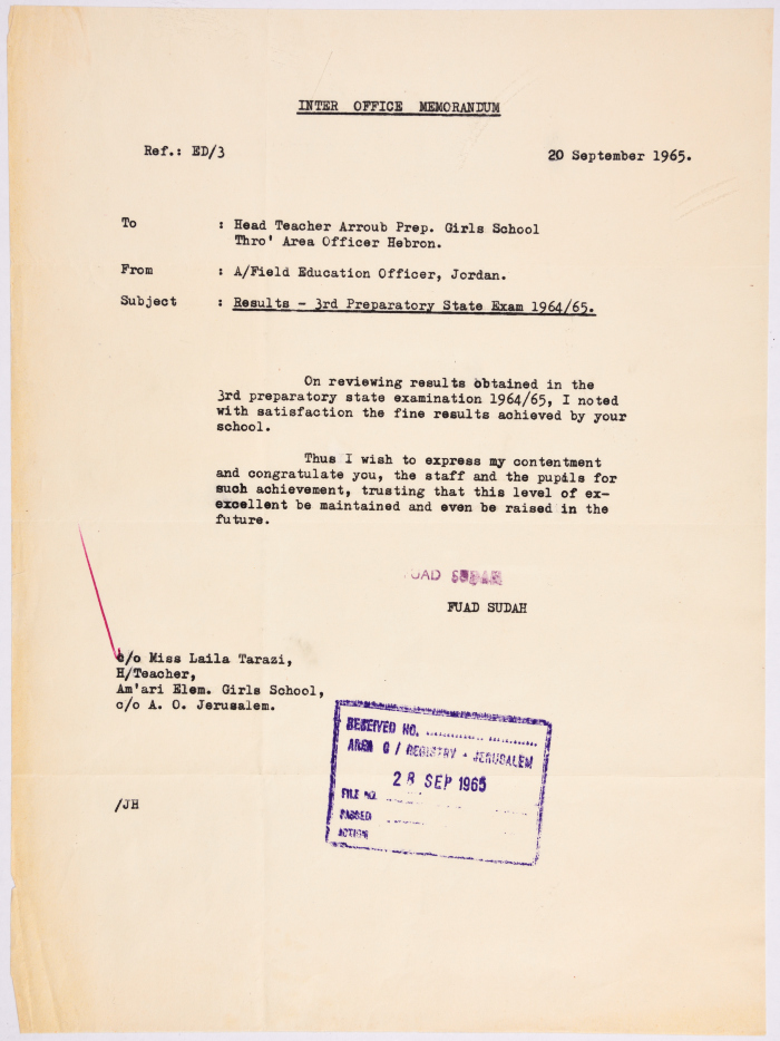 A letter of appreciation from the Education Inspector of the United Nations Relief and Works Agency for Palestinian Refugees (UNRWA) in Hebron to Laila Terzi